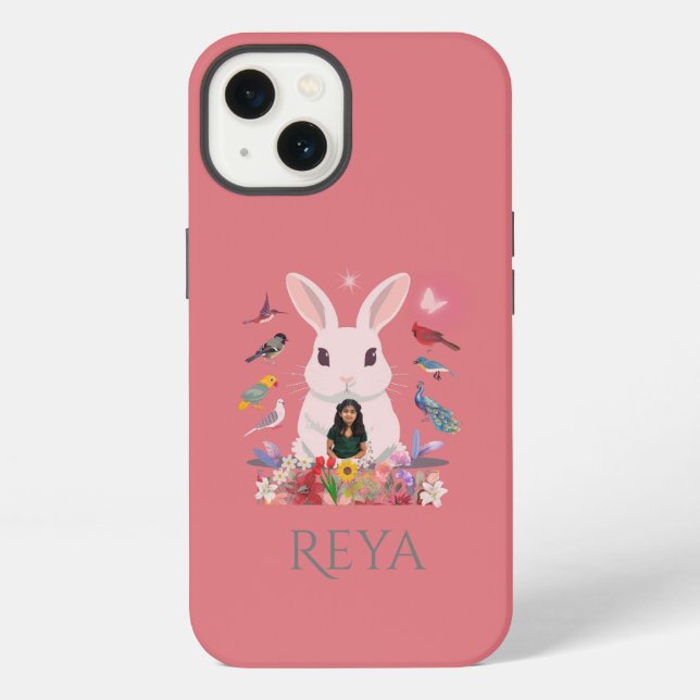 Kaninchen, Blume und Vögel, Personalisierte Gestal iPhone Hülle (Rückseite)