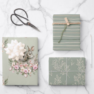 Kaninchen Blumenstrauß Osterbrunch Olive Farbe Geschenkpapier Set
