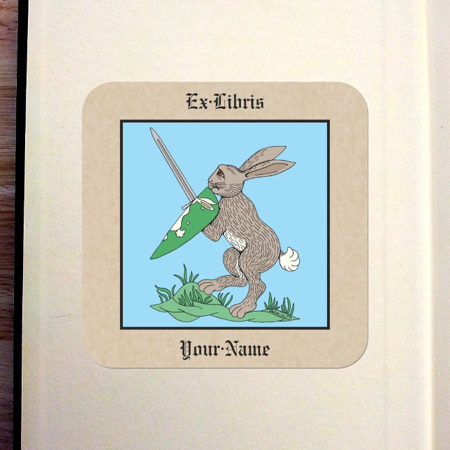 Kaninchen-Buchzeichen des mittelalterlichen Kriege Quadratischer Aufkleber (Medieval Warrior Rabbit Bookplate)