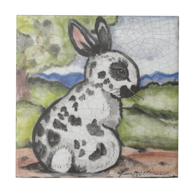 Kaninchen Bunny Black & White Oaster Art Fliese (Vorderseite)