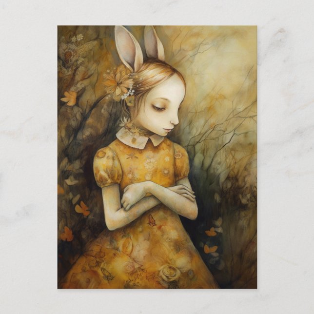 Kaninchen Bunny Child in einem gelben Blumenkleid Postkarte (Vorderseite)