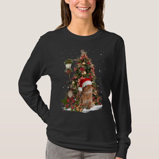Kaninchen Bunny Santa Tree Lights Zwerg Lop Ohrfei T-Shirt (Vorderseite)