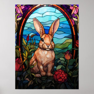 Kaninchen-Buntglasfenster-Waldgarten-Kunst Poster