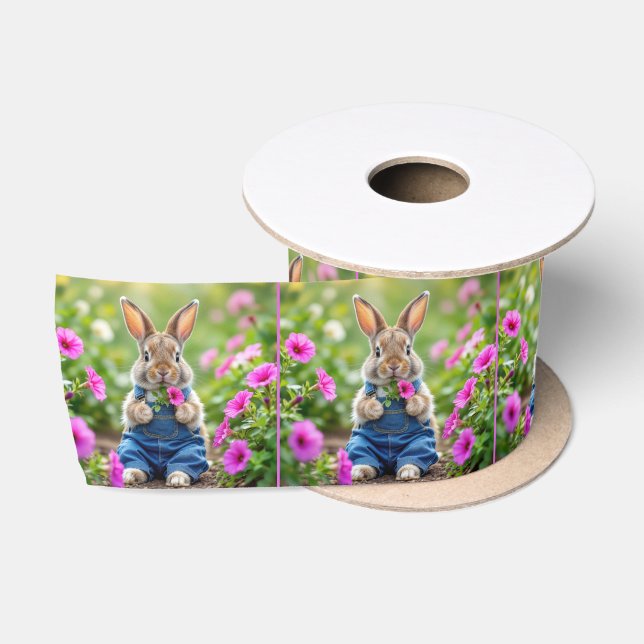 Kaninchen Eating Pink Petunia Blume Satinband (Spule)