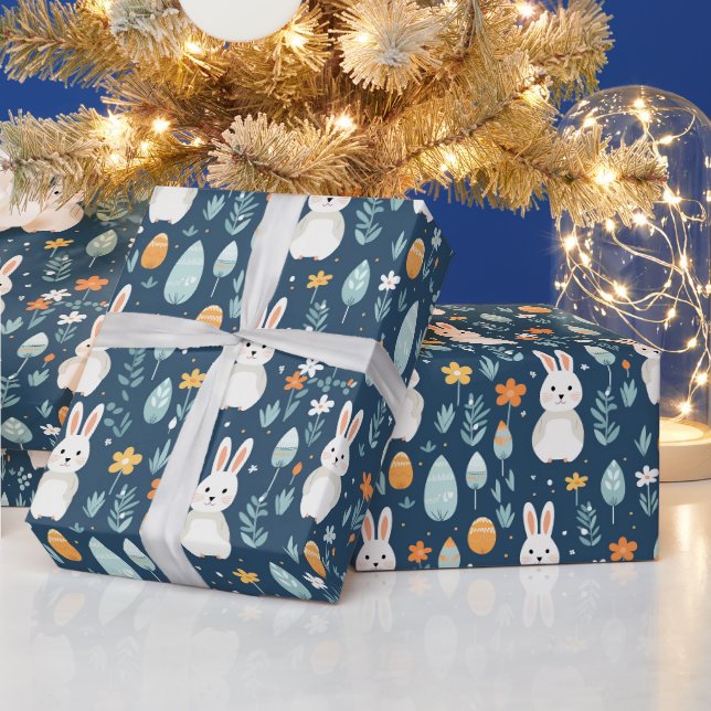 Kaninchen Eier Blume blau und orange Geschenkpapier (Feiertage)