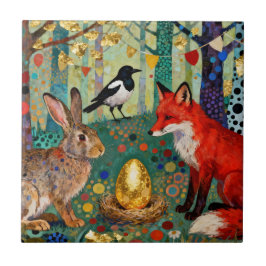 Kaninchen, Elster, Fuchs und „Das goldene Gänseei“ Fliese