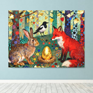 Kaninchen, Elster, Fuchs und „Das goldene Gänseei“ Leinwanddruck