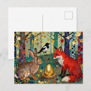 Kaninchen, Elster, Fuchs und „Das goldene Gänseei“ Postkarte