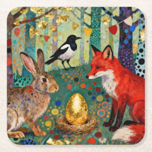 Kaninchen, Elster, Fuchs und „Das goldene Gänseei“ Rechteckiger Pappuntersetzer