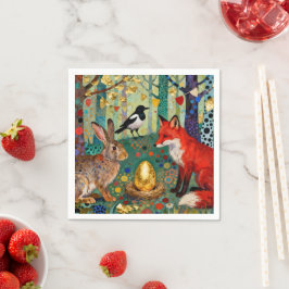 Kaninchen, Elster, Fuchs und „Das goldene Gänseei“ Serviette
