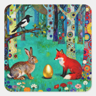 Kaninchen, Elster, Fuchs und „Der Weg des Teilens“ Quadratischer Aufkleber
