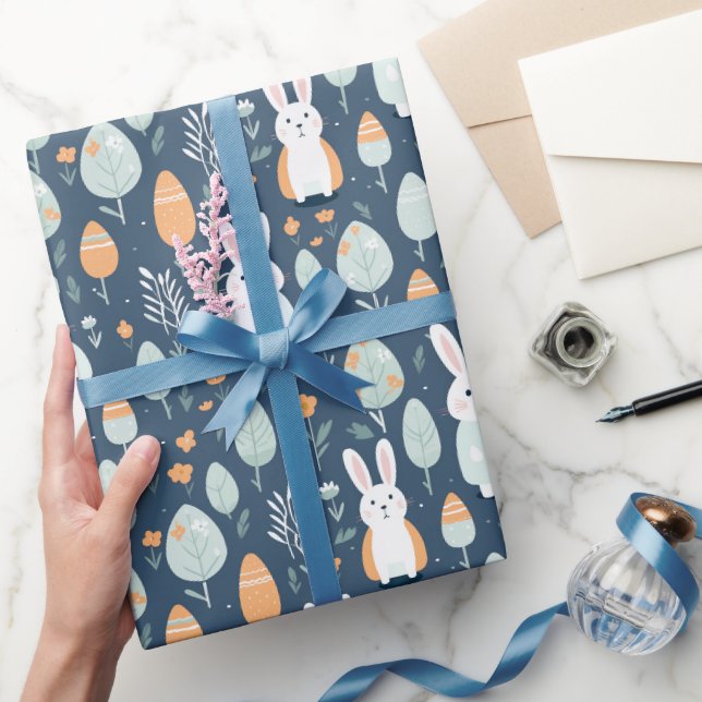 Kaninchen Garten blau und orange Geschenkpapier (Schenken)
