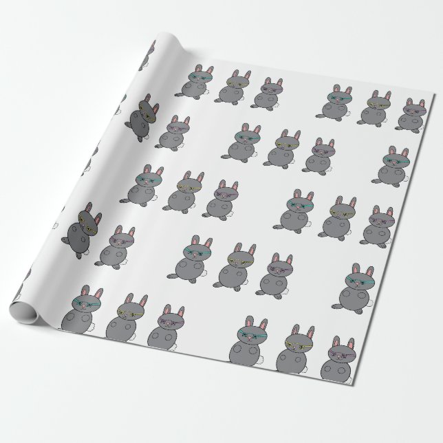 Kaninchen Grau tragen Brille Blau gelb Lila Geschenkpapier (Ungerollt)