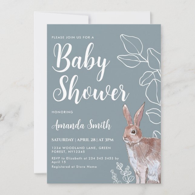 Kaninchen-Illustration Botanische Babydusche Einladung (Vorderseite)