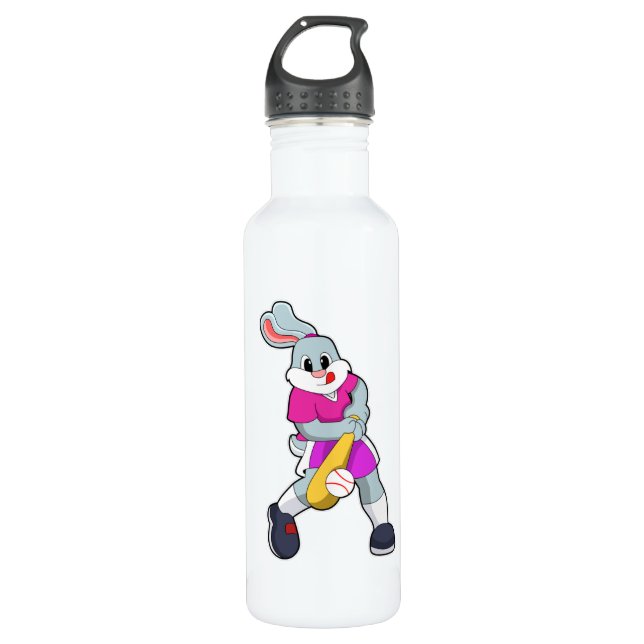 Kaninchen im Baseball mit Baseballschläger Edelstahlflasche (Vorderseite)