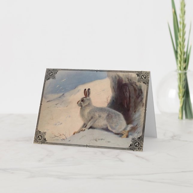 Kaninchen im Schnee Vintage Malerei Karte (Vorderseite)