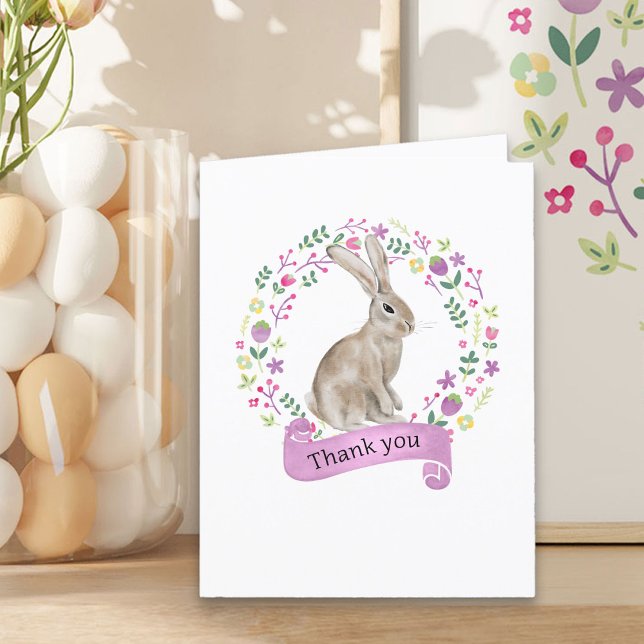 Kaninchen in Doodle Blume Kranz Niedlich Dankeskarte (Easter Rabbit Thank You Card from my Little Bunny & Little Lamb Baby Shower collection)