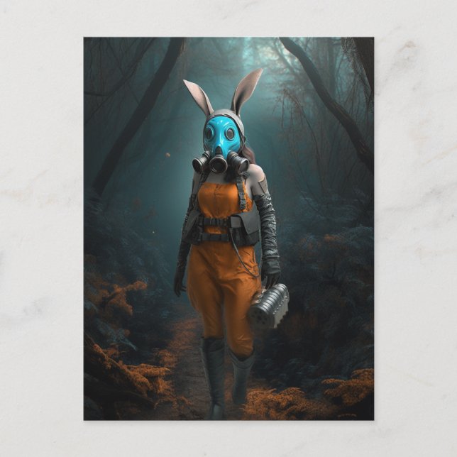 Kaninchen in einer blauen Gasmaske im Wald Postkarte (Vorderseite)