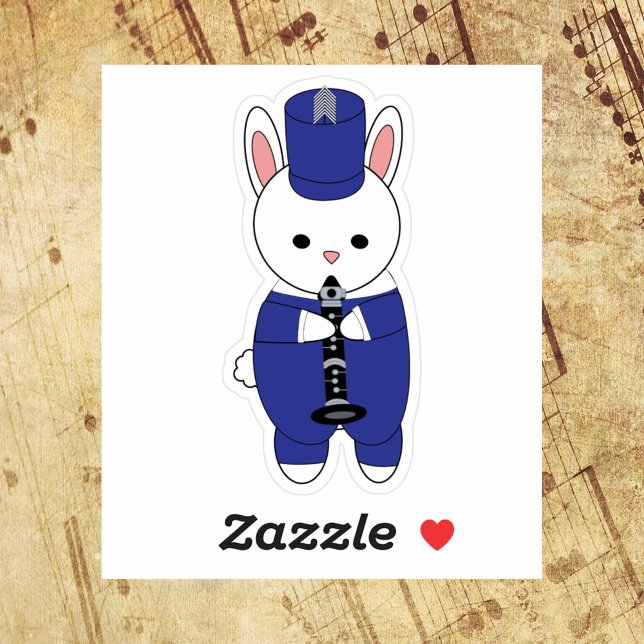 Kaninchen-Klarinette blau und weiß Aufkleber (A die cut sticker of a rabbit playing the clarinet in a blue and white marching band uniform.)