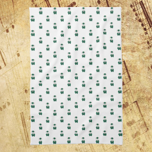 Kaninchen Klarinette Marching Band Green Gold Geschirrtuch (A kitchen towel with a pattern of rabbits playing the clarinet in green & gold)