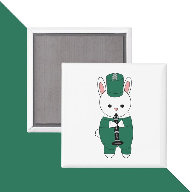 Kaninchen Klarinette Marching Band Grün Weiß Magnet (A magnet with a bunny rabbit playing the clarinet and wearing a green & white marching band uniform.)