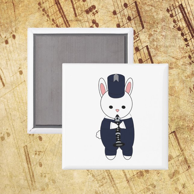 Kaninchen Klarinette Marching Band Navy Blue White Magnet (A magnet of a rabbit playing the clarinet in a navy blue and white marching band uniform.)