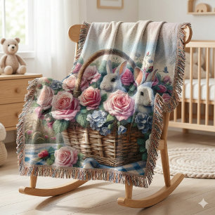 Kaninchen kuscheln sich zwischen Cottage-Rosen Decke