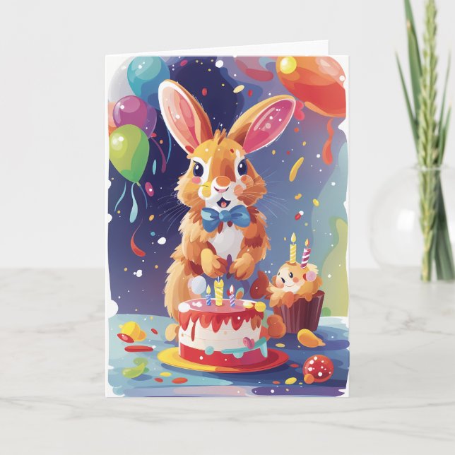 Kaninchen lächeln mit Kuchen und Ballons Karte (Vorderseite)