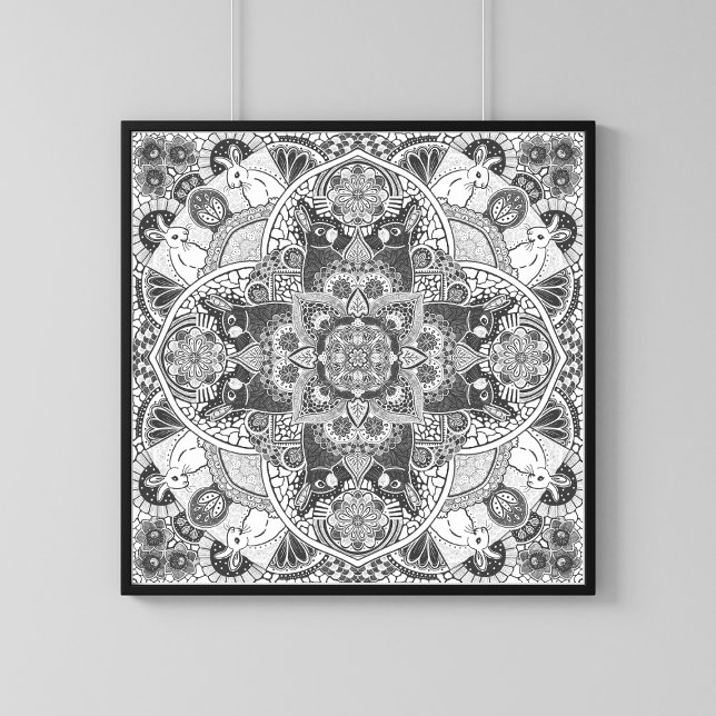 Kaninchen Mandala Naturkunst Print auf Custom Colo Poster (Nature Mandala Art  -  Choose Your Own Background Color by Editing Now!)