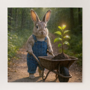 Kaninchen mit Baumblättern in einer Schubkarre