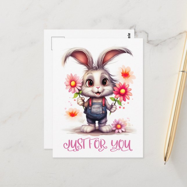 Kaninchen mit Blume nur für Sie Postkarte (Vorderseite/Rückseite Beispiel)