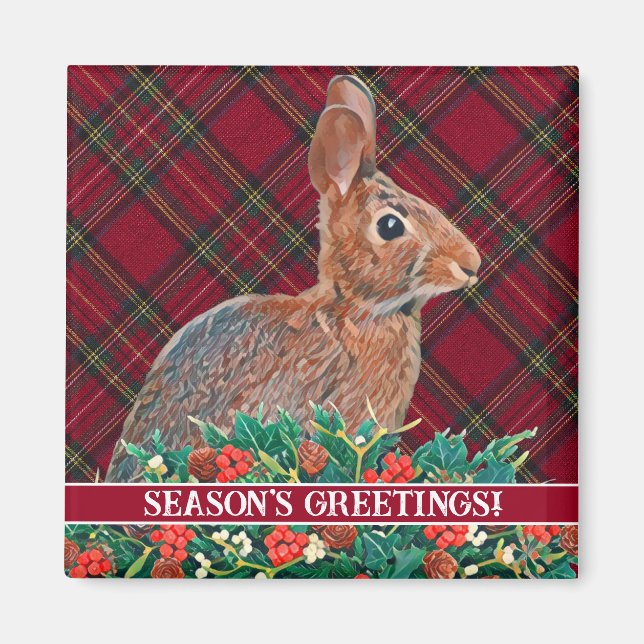 Kaninchen mit Holly Berries und Kariert anpassbar Magnet (Vorne)