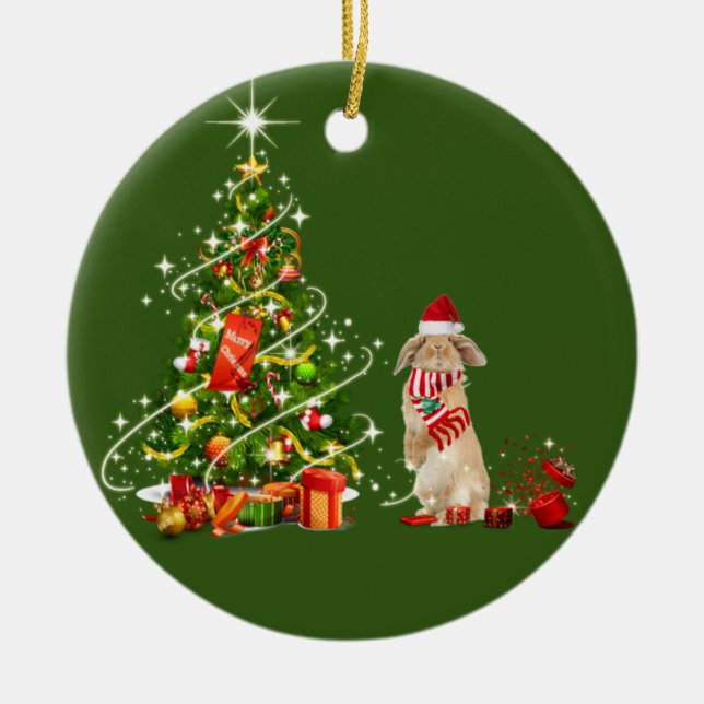 Kaninchen mit Hut Scheußchen Weihnachten Keramik Ornament (Vorne)