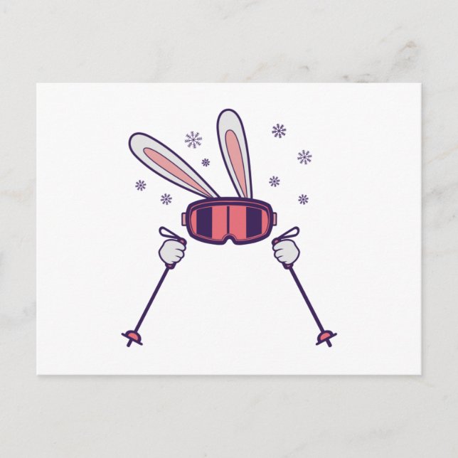 Kaninchen mit Skistöcken und Skibrille Postkarte (Vorderseite)