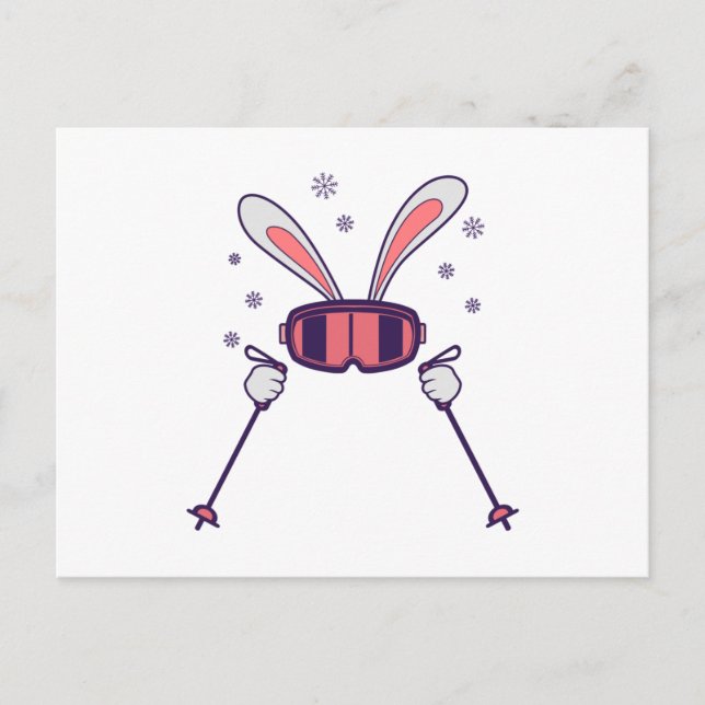 Kaninchen mit Skistöcken und Skibrille Postkarte (Vorderseite)