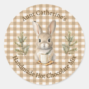 Kaninchen mit Tasse Braunes Gingham-Heißer-Kakao-M Runder Aufkleber