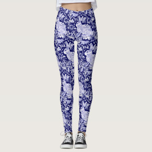 Kaninchen Muster Dunkelblau Weißer Vogel Blütenein Leggings