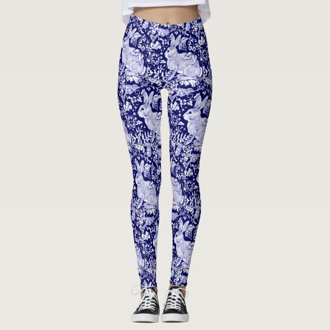 Kaninchen Muster Dunkelblau Weißer Vogel Blütenein Leggings (Vorderseite)