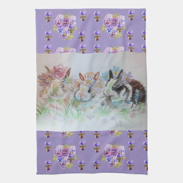 Kaninchen Niedlich Lavendel Wasserfarbe Blumenzwie Geschirrtuch (Vertikal)