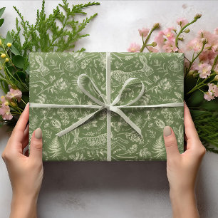 Kaninchen-Pflanze-Blumen-Blätter-Weihnachten-Grün- Geschenkpapier