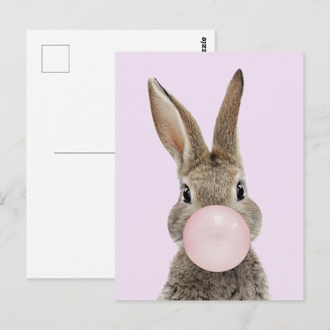 Kaninchen Pink Blubble Kaugummi Postkarte (Vorne/Hinten)