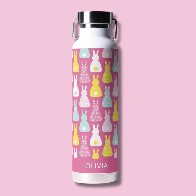 Kaninchen Pink Muster Wasser Flasche (Kids water bottle with pink bunny rabbit pattern. Add your own name or choice of text.)