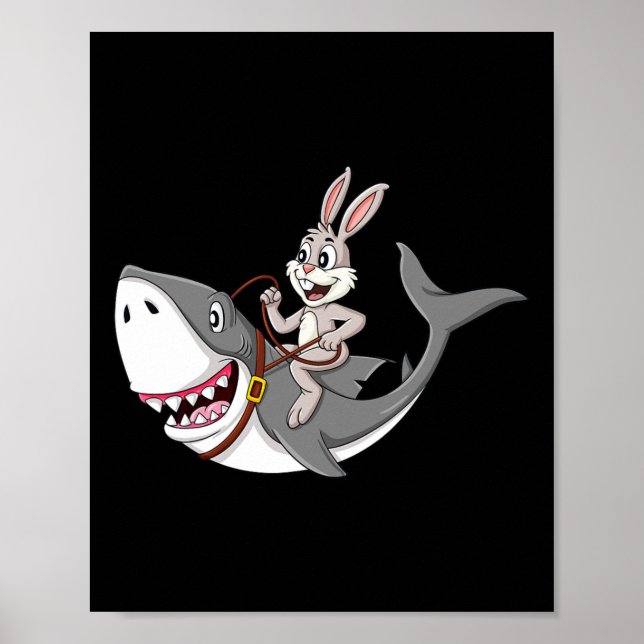 Kaninchen Riding Hai Ostern Spaß Jungen Mädchen Ki Poster (Vorne)