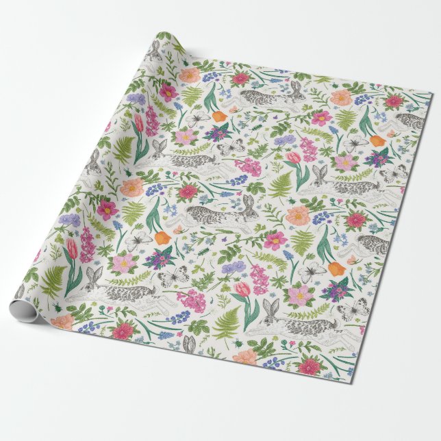 Kaninchen, Schmetterlinge und Blume Geschenkpapier (Ungerollt)