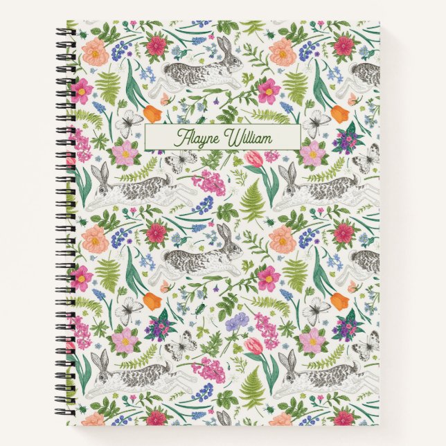 Kaninchen, Schmetterlinge und Blume Notizbuch (Vorderseite)