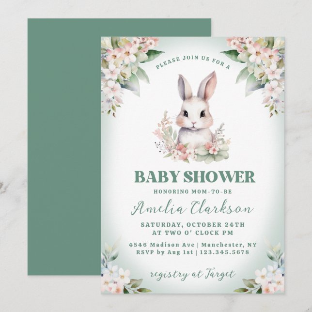 Kaninchen-Soft-Green & Floral-Baby-Dusche Einladung (Vorne/Hinten)
