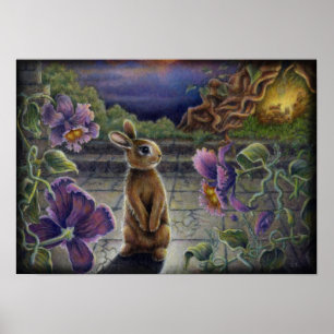 Kaninchen träumt Fantasie-Blumen-Häschen-Malerei Poster