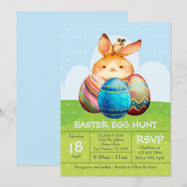 Kaninchen und Baby Bunny Ostereier Hunt Brunch Einladung (Vorne/Hinten)