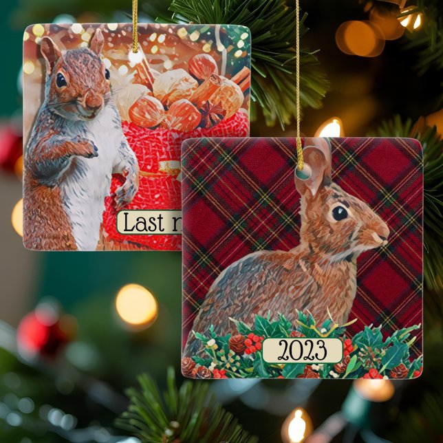 Kaninchen und Eichhörnchen beidseitig individuell  Keramikornament (This cute squirrel and rabbit custom ceramic ornament allows you to personalize both sides!)