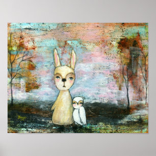 Kaninchen und Eule, Tiere aus Wäldern nach Maß Poster